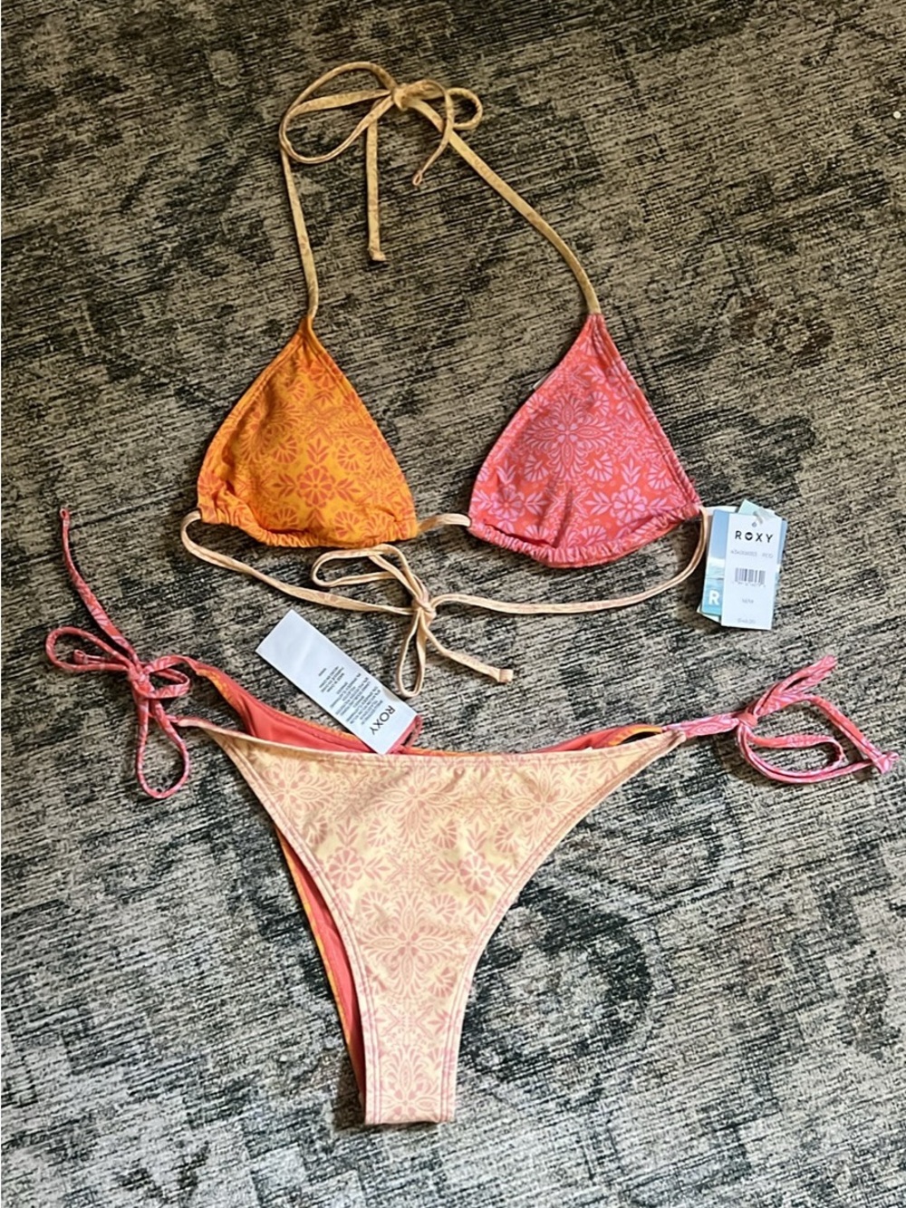 Roxy Two-Tone Floral Tie Bikini Top & Bottom in Orange and Pink
